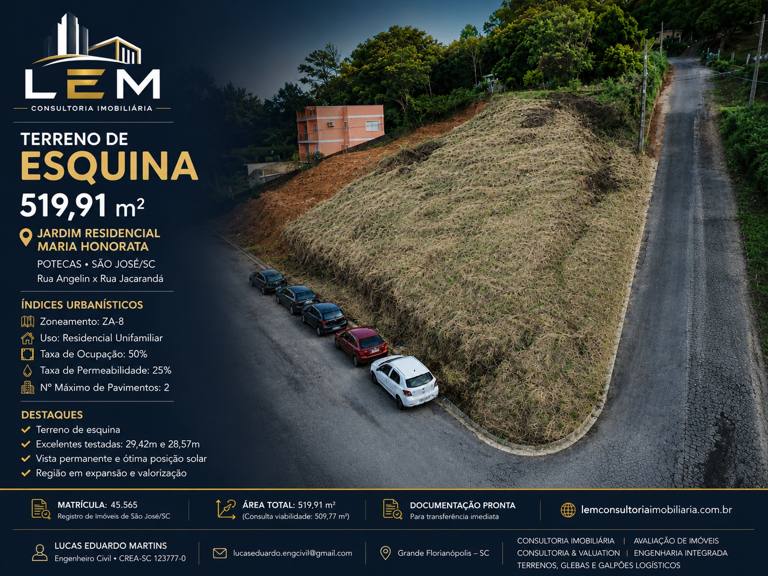 Terreno de Esquina com 519m² no Loteamento Maria Honorata – São José/SC